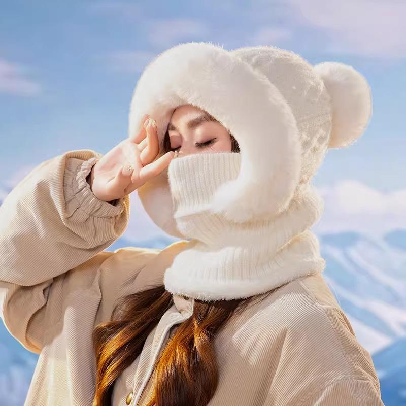 Women's Acrylic Knit Hooded Scarf - Multifunctional Fall/Winter Headwear with Integrated Face Cover for Outdoor Cycling and Skiing