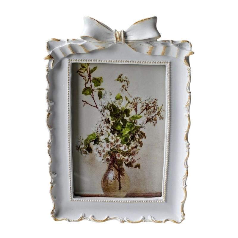 Decorative Tabletop Photo Frame with Antique Bowknot Detail, Resin Portrait Frame for Shelf Styling and Home Accent