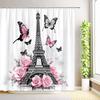 Butterfly Watercolor Floral Shower Curtain Romantic Paris Eiffel Tower Red Rose Flowers Plant Leaves Bathroom Decor with Hooks