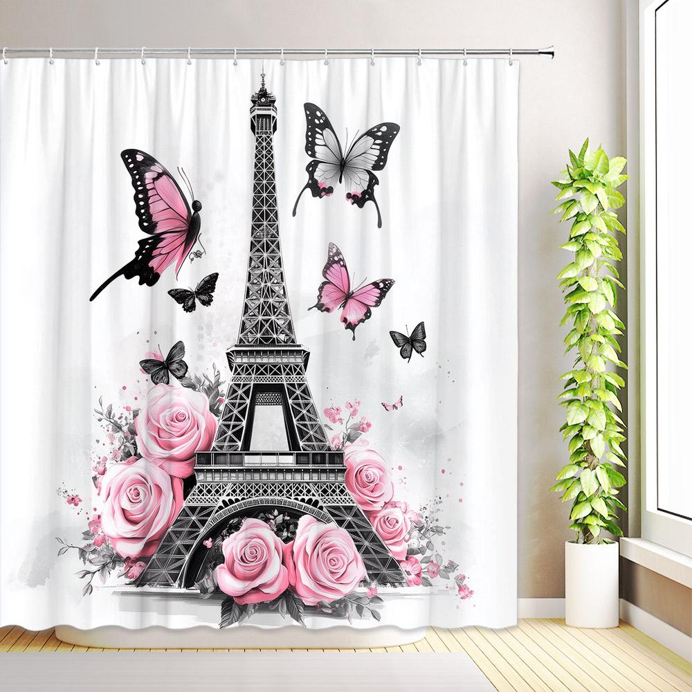 Butterfly Watercolor Floral Shower Curtain Romantic Paris Eiffel Tower Red Rose Flowers Plant Leaves Bathroom Decor with Hooks