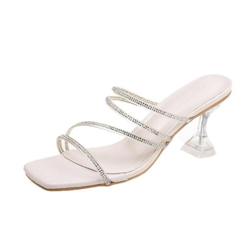 Fashion New Summer Slippers Women's Fashion Square Head Open Toe Rhinestones with A Slip-on Non-slip Wear-resistant High Heels