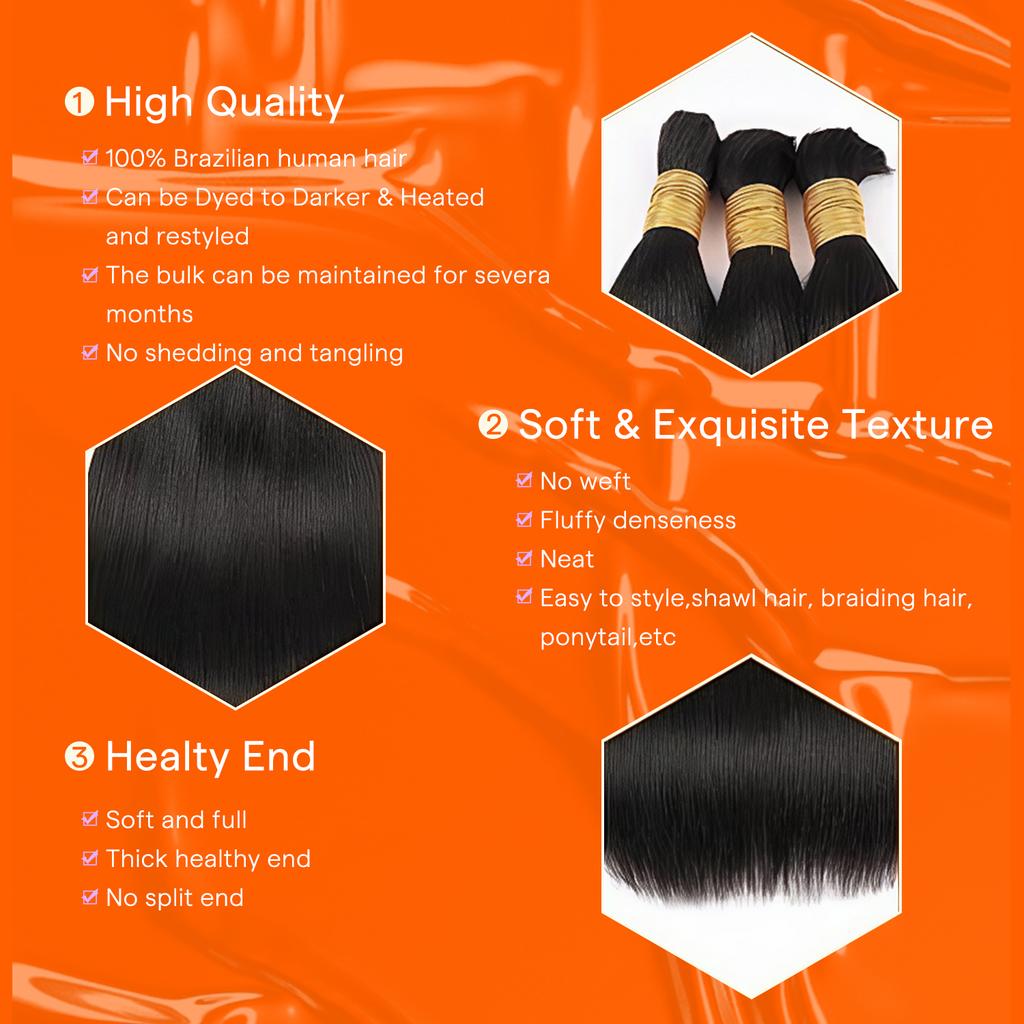 [NEW]Full Shine 100% Brazilian Human Hair Bulk Extensions Unprocessed Straight No Weft Hair for Braiding & Weaving Salon Quality