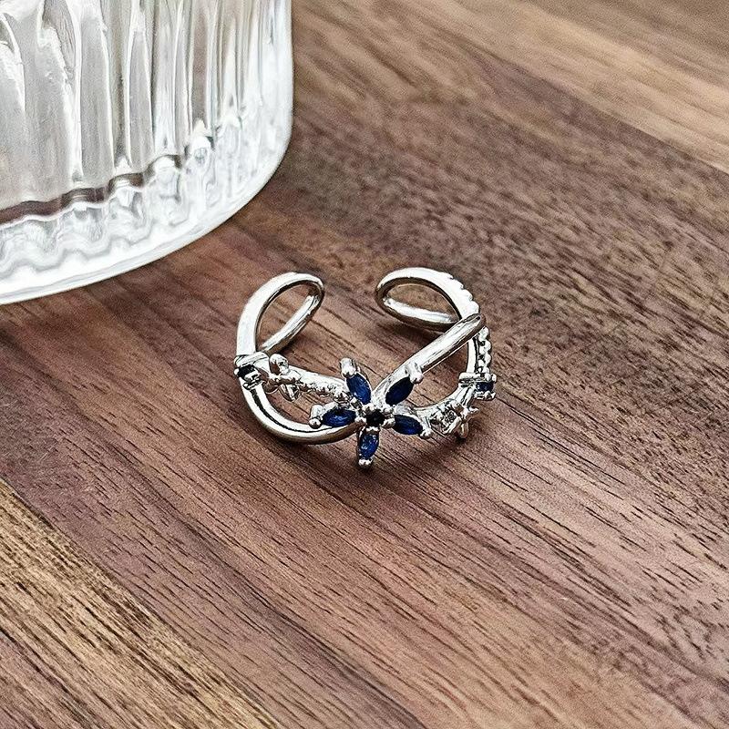 

Sweet Light Luxury Sea Blue Zircon Super Flash Open Ring Niche High-End Feeling Stacking Wearing Colored Treasure Ring Woman Adjustable opening