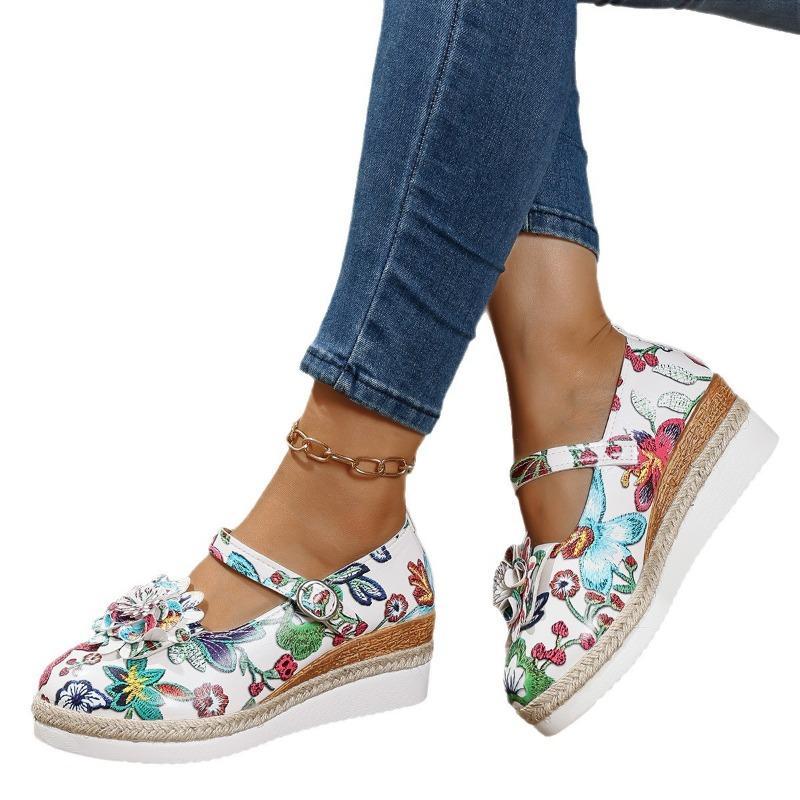 Large size wedge heel single shoes summer straw woven platform high heel women's shoes buckle round head single shoes