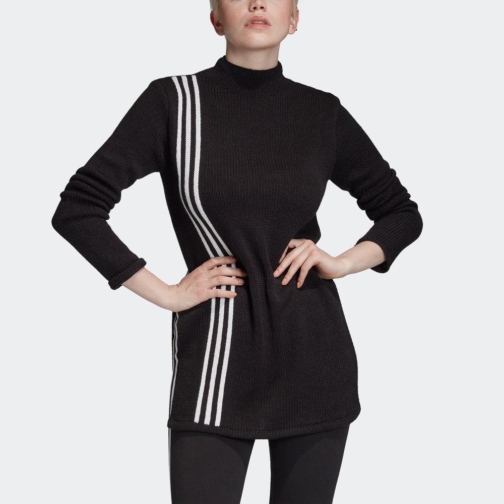 adidas Originals Three Stripes Knit Sweater Side Slit Round Neck Pullover Women Sweater Black FN2794