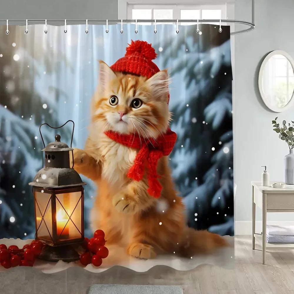 Cute Christmas Cats Shower Curtain Winter Xmas Tree Balls Gift Funny Animal Dog New Year Bathroom Curtains Fabric Home Decor Set