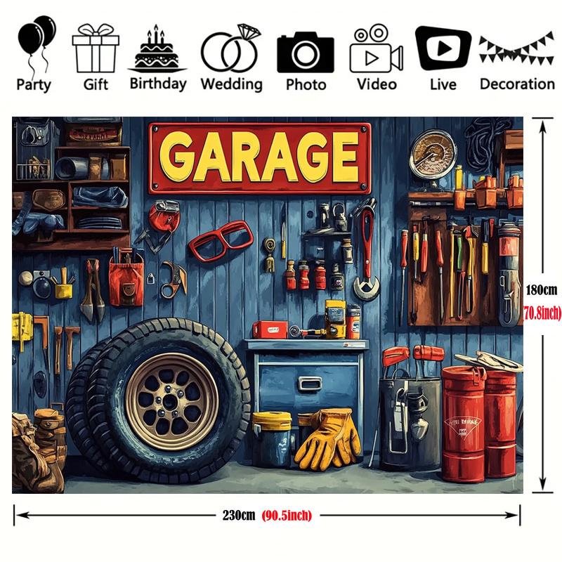 1pc, 2Dflat, Polyester Garage and Car Repair Themed Backdrop, Suitable for Birthday Parties, Studio Decorations, Holiday Banners