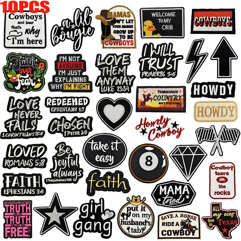 10pcs /Lots Letter Slogan Embroidered Patch Black Iron On Patches For Clothing Thermoadhesive Patches Jackets Hats Backpack Diy