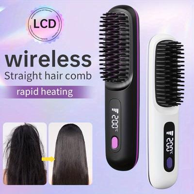 1PC Portable Wireless Hair Straightener Brush, Constant Temperature and Anti-scalding , Hot Comb Function, Type-C Fast Charging, LCD Screen Display