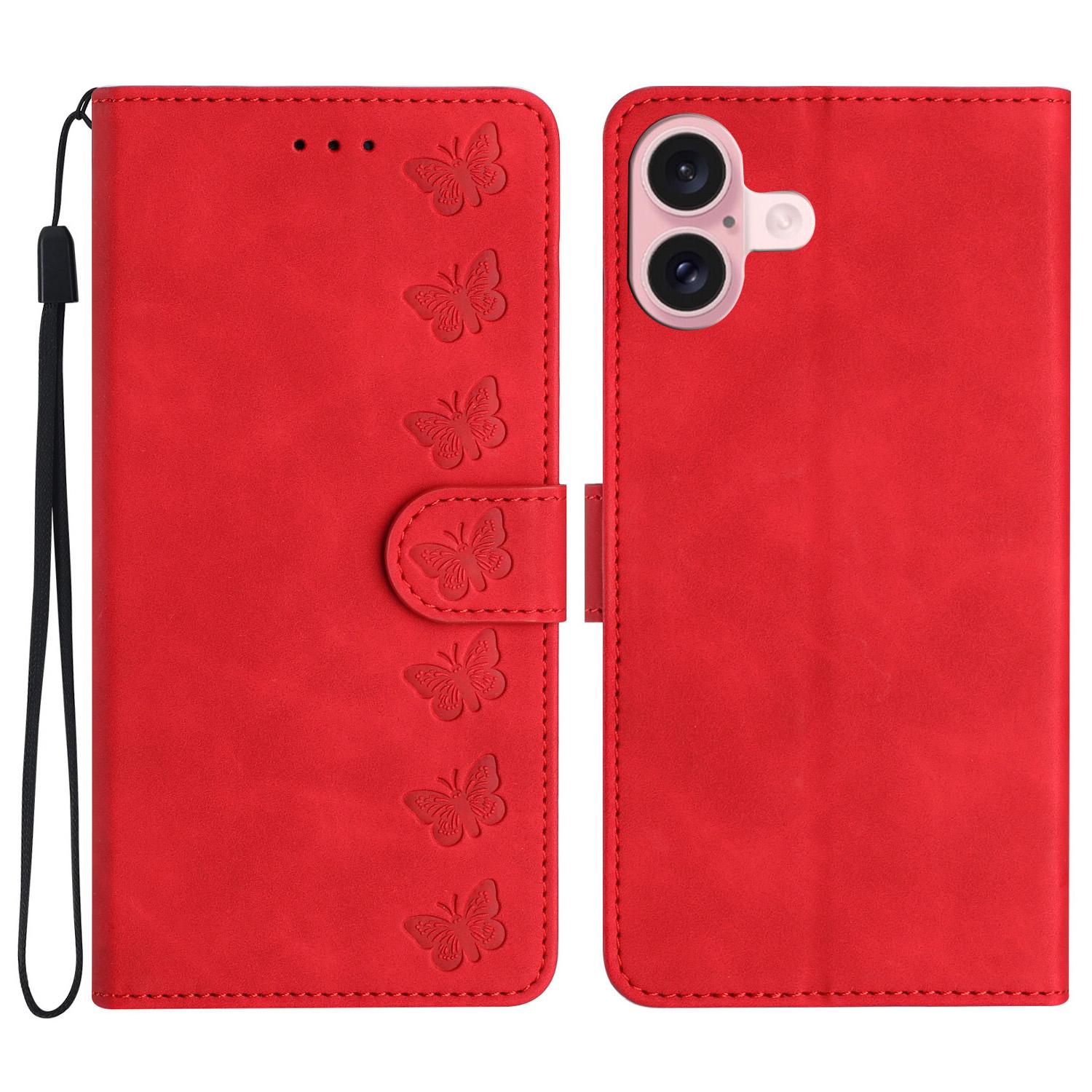 

For iPhone 16 Case Butterfly Imprinted PU Leather Flip Protective Cover Red