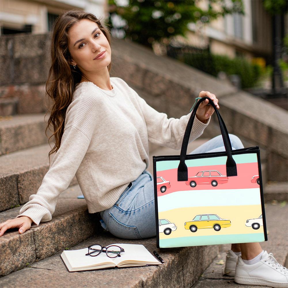 Cute Cartoon Car Print Tote Bag Casual Portable Daily Carry Handbag