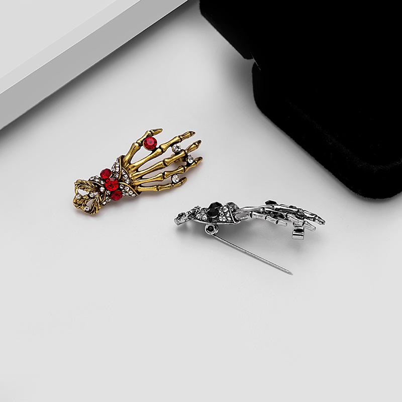 Skeleton Hand Rhinestone Brooch - Exaggerated Retro Punk Lapel Pin