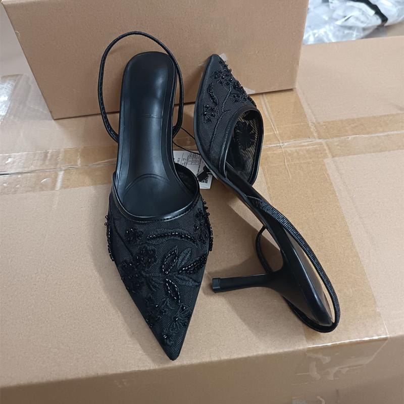 Mesh Flowers Embroided Women Pumps Elegant Pointed toe Beading Thin High heels Summer Slingbacks Ladies Wedding Shoes