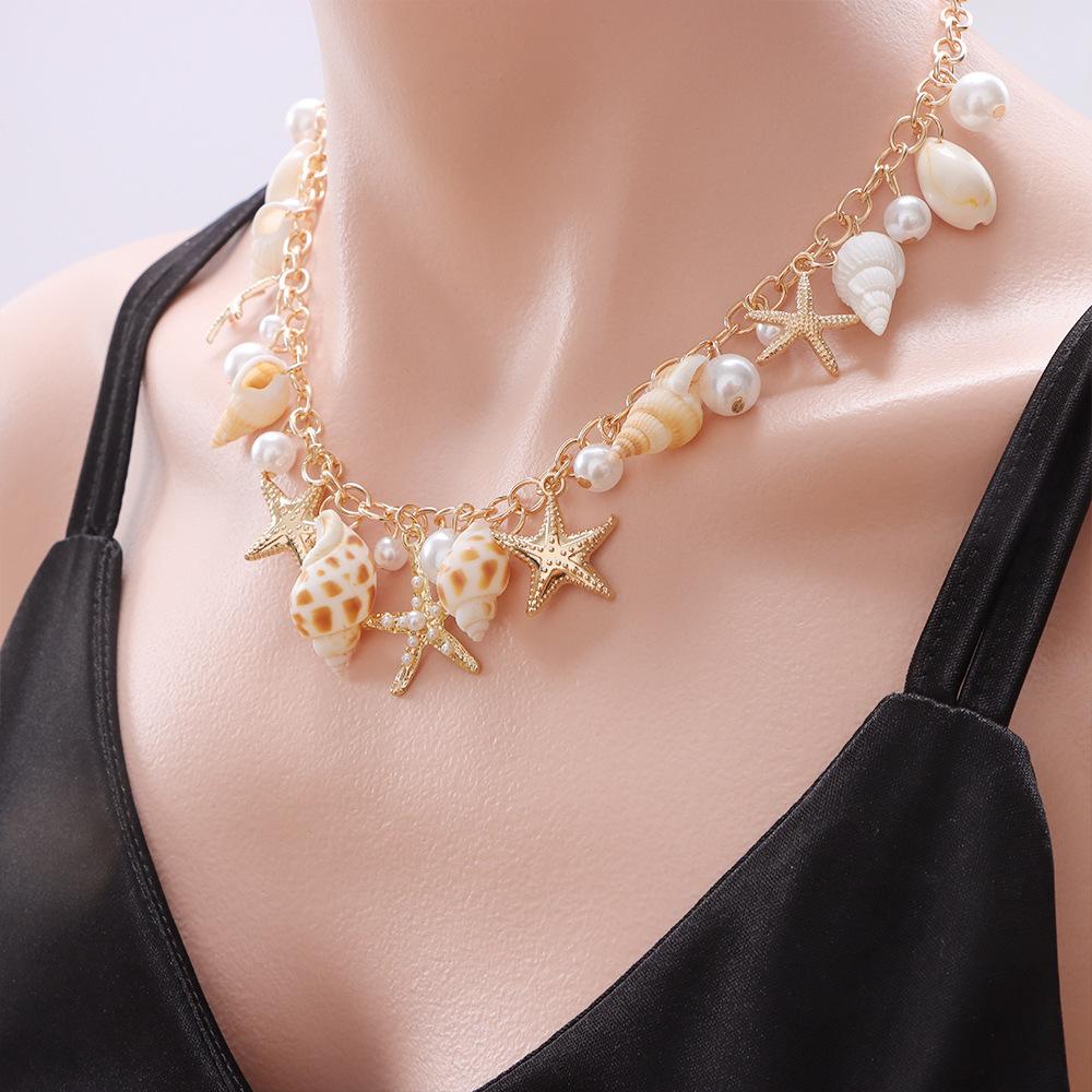 Bohemian Summer Beach Shell Collarbone Chain Niche Seaside Travel Imitation Starfish Conch Pendant Necklace