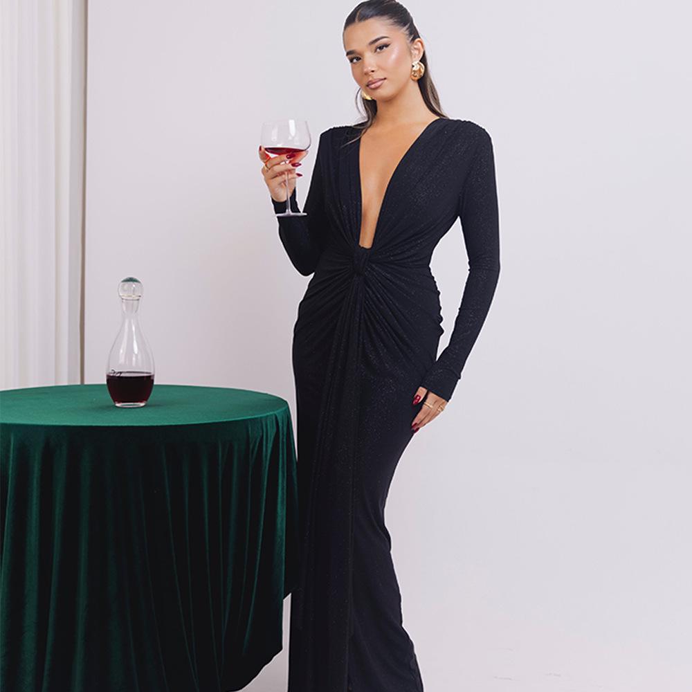 

European & American Women s Sexy Deep V-neck Long Sleeve Pleated Slim Fit Formal Dress Small чорний