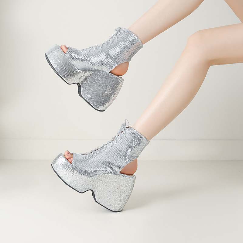 Krazing Pot Sequin Cloth Spring Summer Size 43 Size 42 Women Platform Women Peep Toe Toe Sexy Summer Boots Lace Up Pumps
