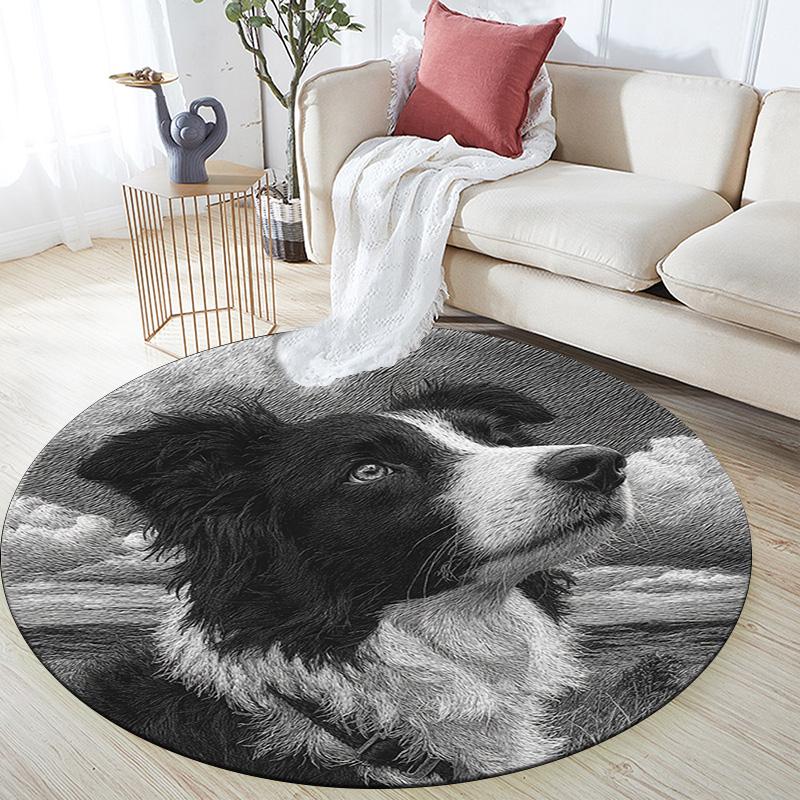 Border Collie Runder Teppich, Teppich für Wohnzimmer Schlafzimmer Sofa Spielzimmer Dekoration, Rutschfeste Bodenmatte
