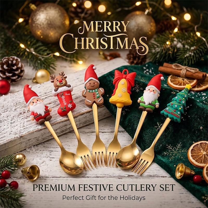 2Pcs Christmas Themed Gold Spoon Fork Set With Cute Santa Gingerbread Tree Handles For Holiday Dinner Parties And Xmas Gift