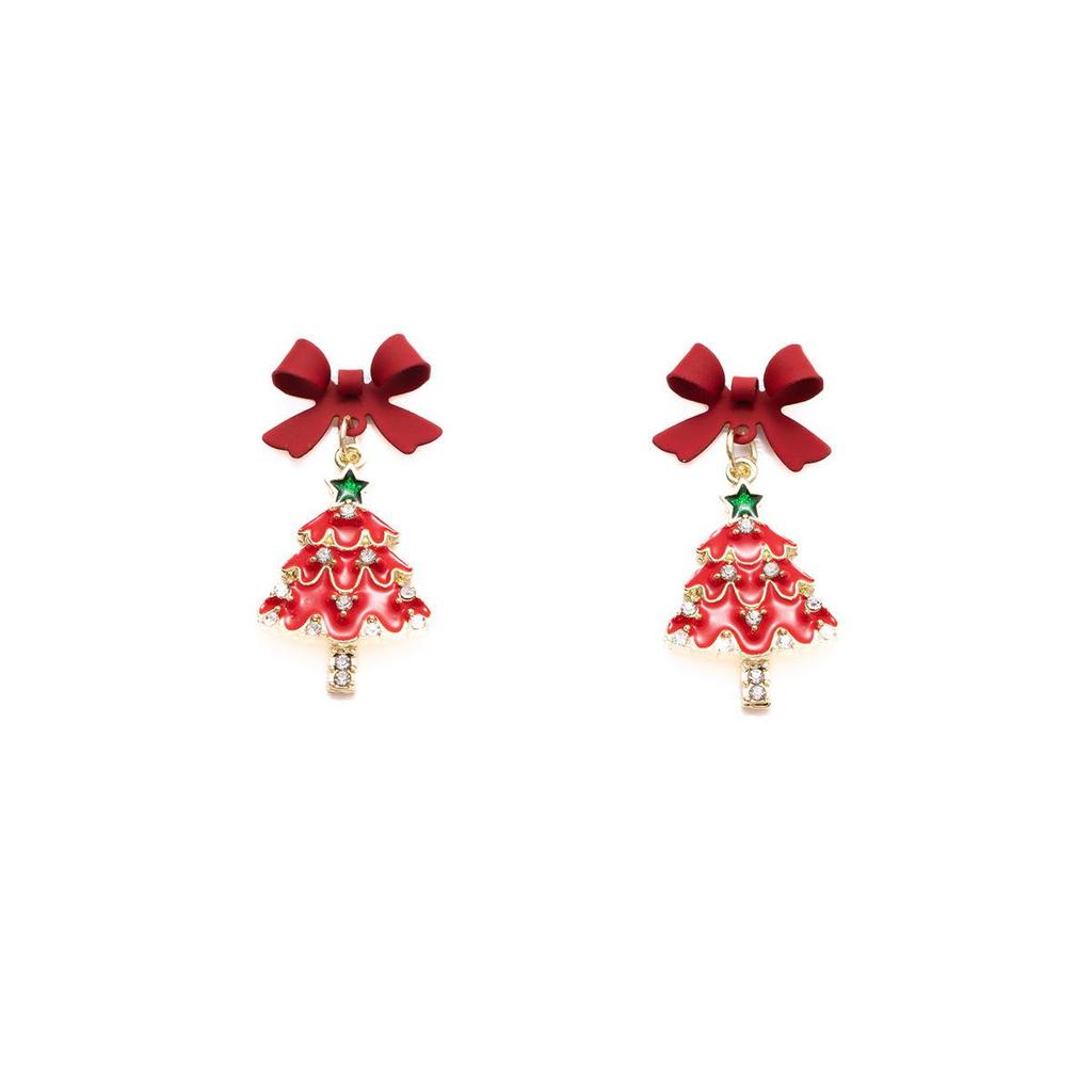 Elegant Red Christmas Tree Bow Earrings for Women - Festive Holiday Jewelry