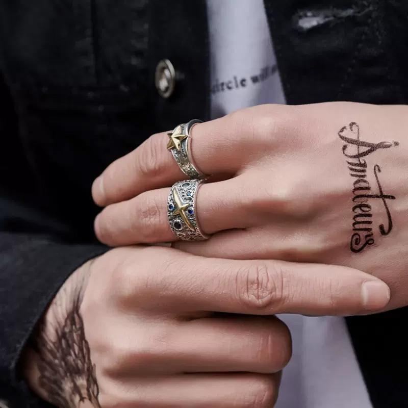 Retro Golden Star Ring For Men Punk Gothic Rock Hiphop Adjustable Ring Handmade Unisex Jewelry Bikers Accessories Lovers Gift