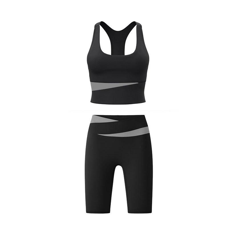 Professional yoga suit women s summer breathable quick-drying shockproof sports vest high waist belly fitness shorts two pieces S