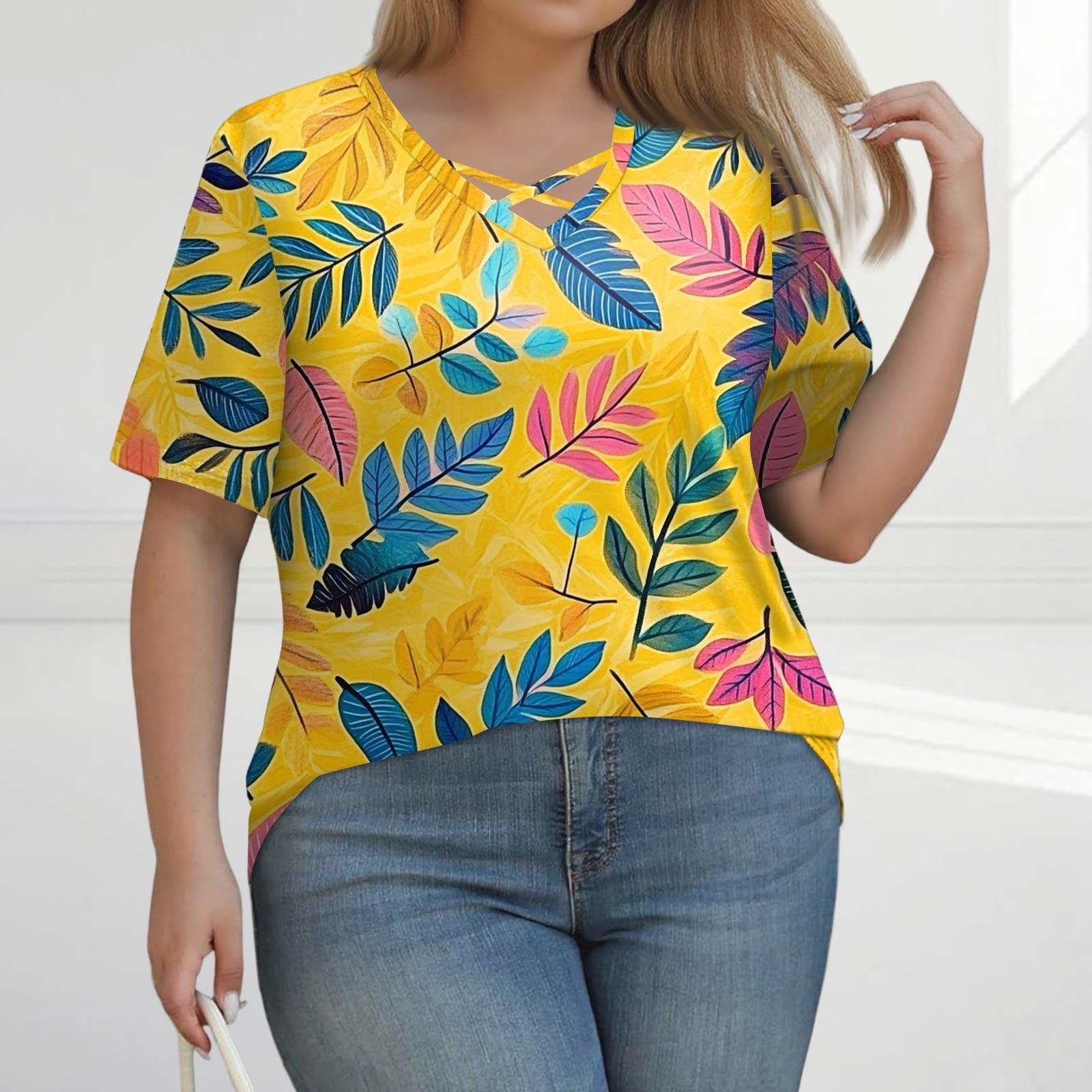 

Женская модная повседневная однотонная полосатая футболка с V-образным вырезом и коротким рукавом большого размера XL жёлтый