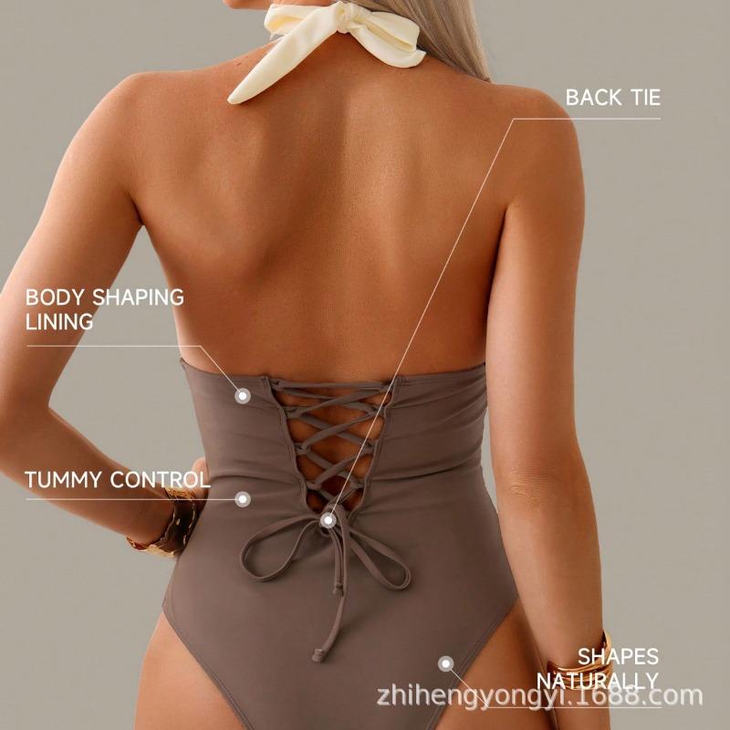 One-piece Swimsuit New Sexy Solid Color Stitching Halterneck Women's Swimsuit