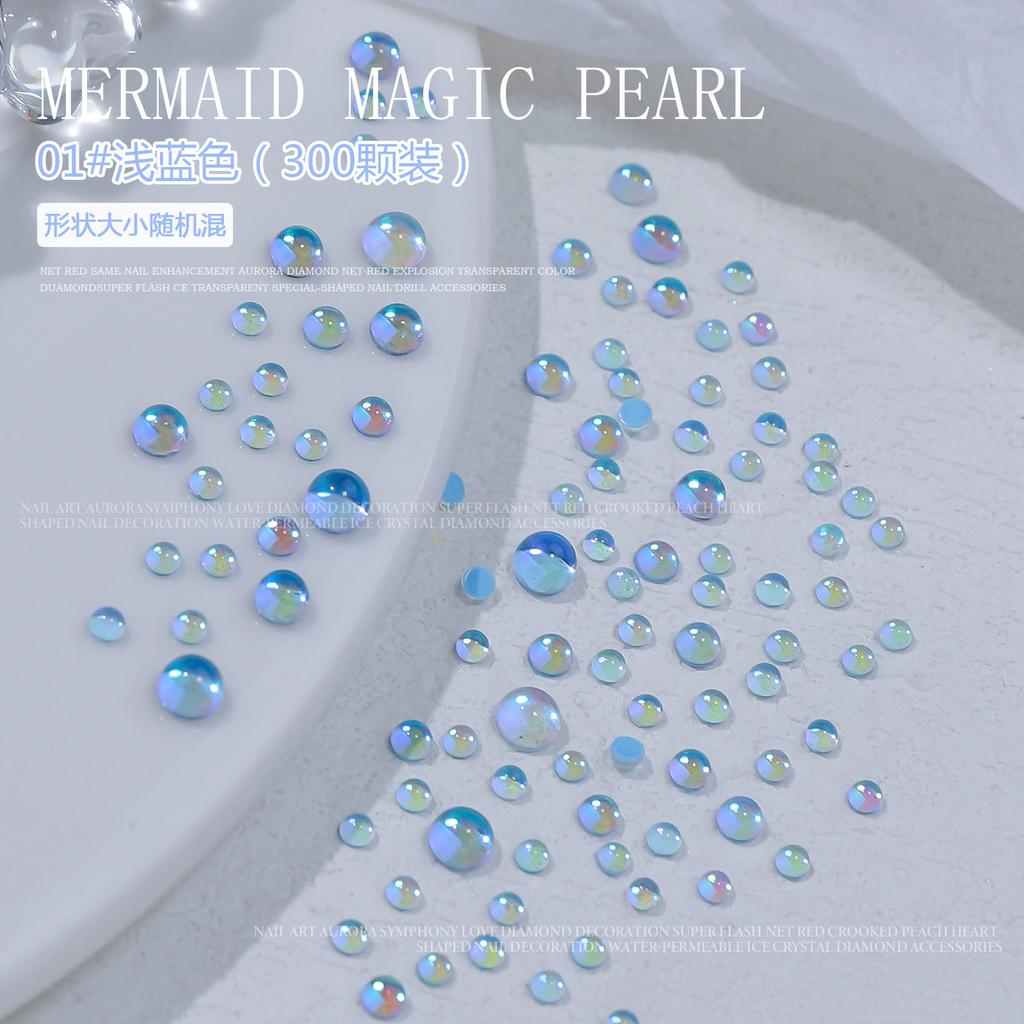 300pcs 3D Magic Colorful Mermaid Round Glass Aurora Translucent Crystal Beads Nail Charms Nail Art Decoration Accessories Tips