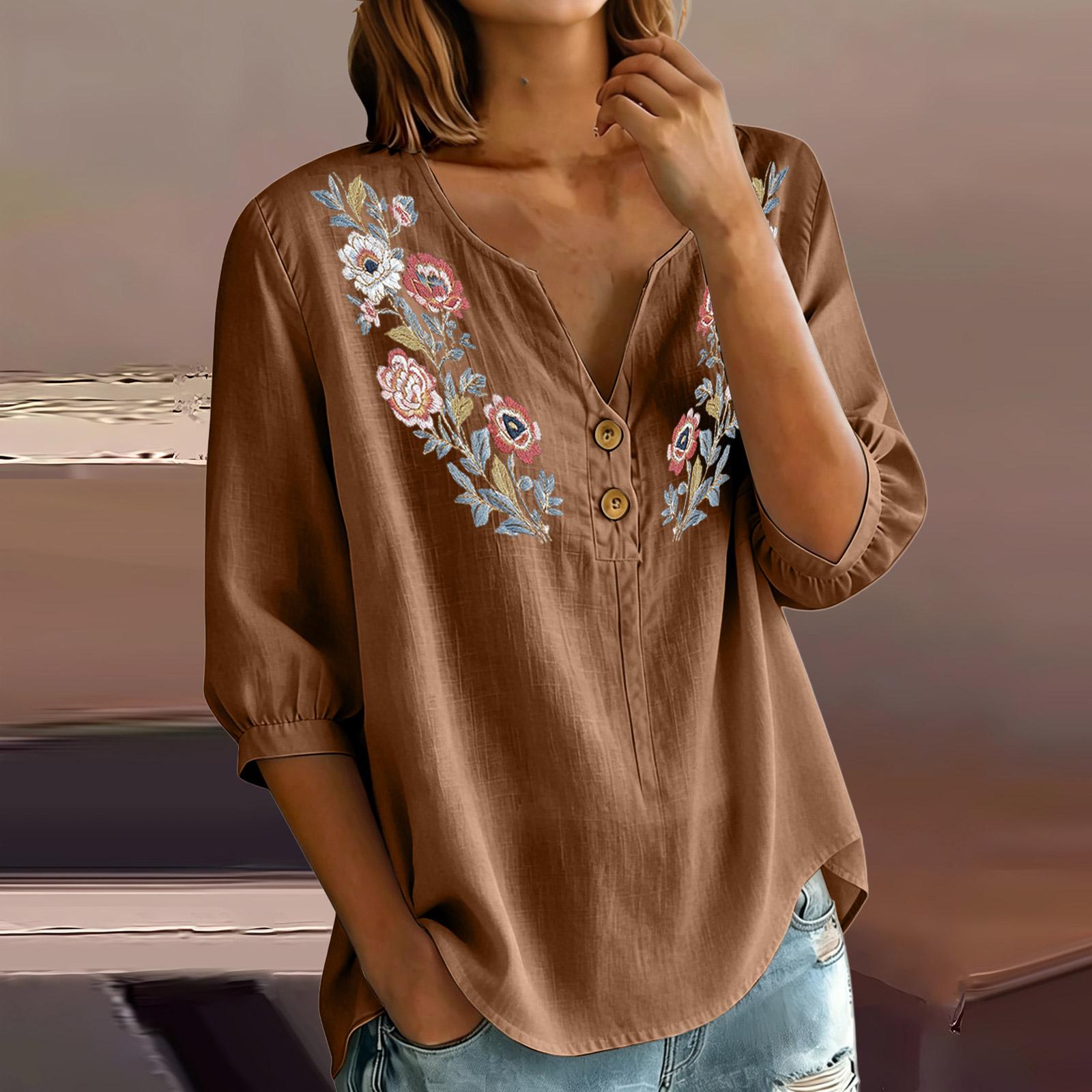 Women Floral Embroidered Henley Button Neck Three Quarter Sleeve Linen Cotton Blouse Casual Loose Fit Shirt XXL коричневый
