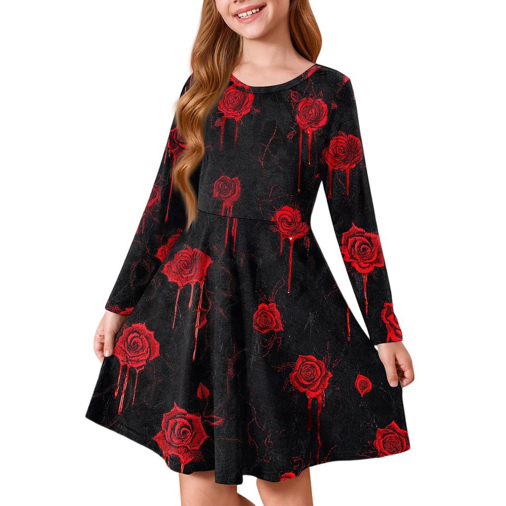 Girls' Summer Princess Dress Halloween Day- Long Sleeve A-Line T-Shirt Dress