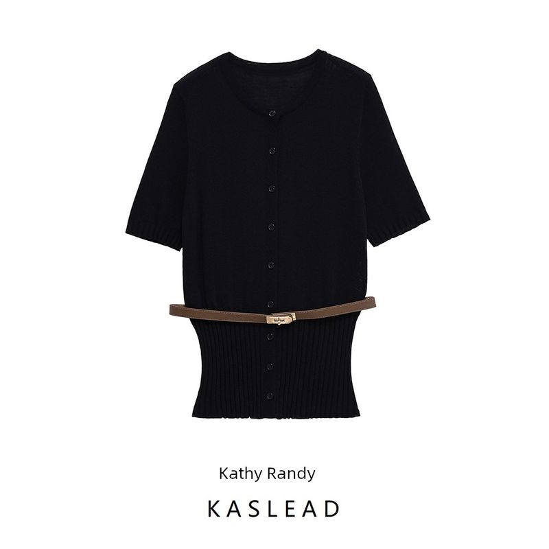Kaslead New Women Clothes Western Style Fashion Short Sleeve Belt Knitted Outerwear 2756112