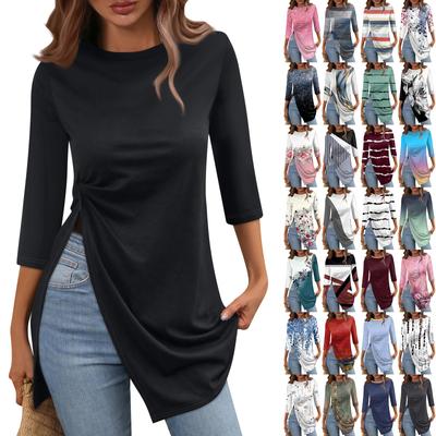 Women's Fashion Casual Split Hem T Shirt Round Neck  3/4 Sleeve  Short Sleeve