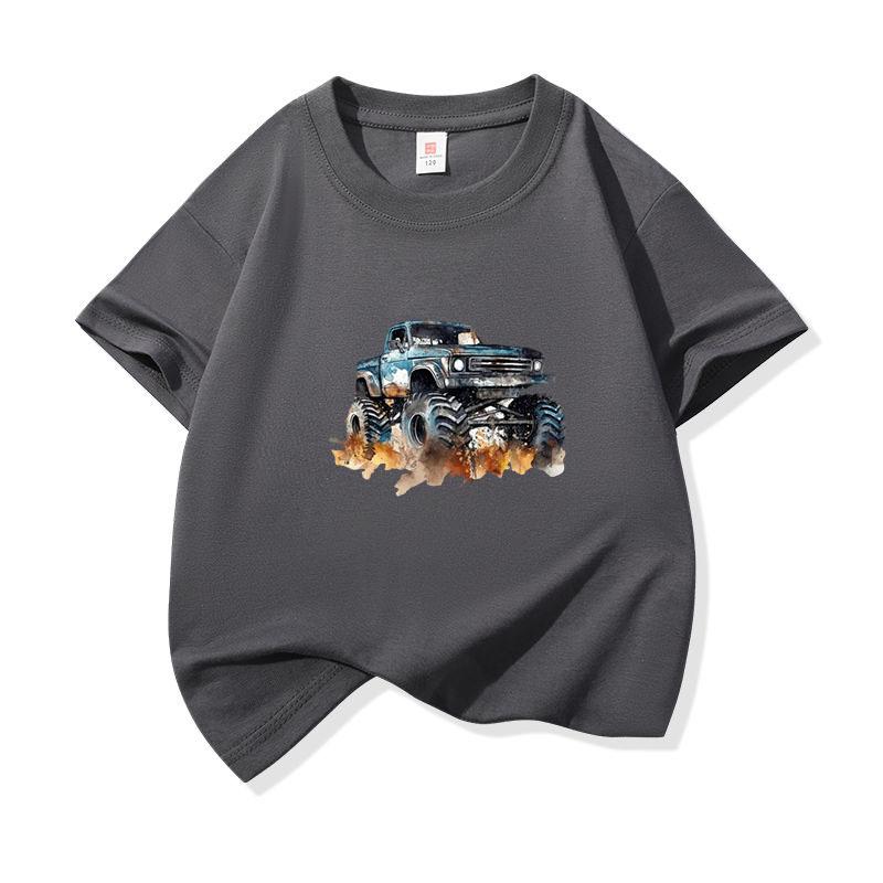 Kids Cotton T Shirt Trendy Watercolor Offroad Car Print Crew Neck Short Sleeve Tee Casual Boys Girls Summer Tops
