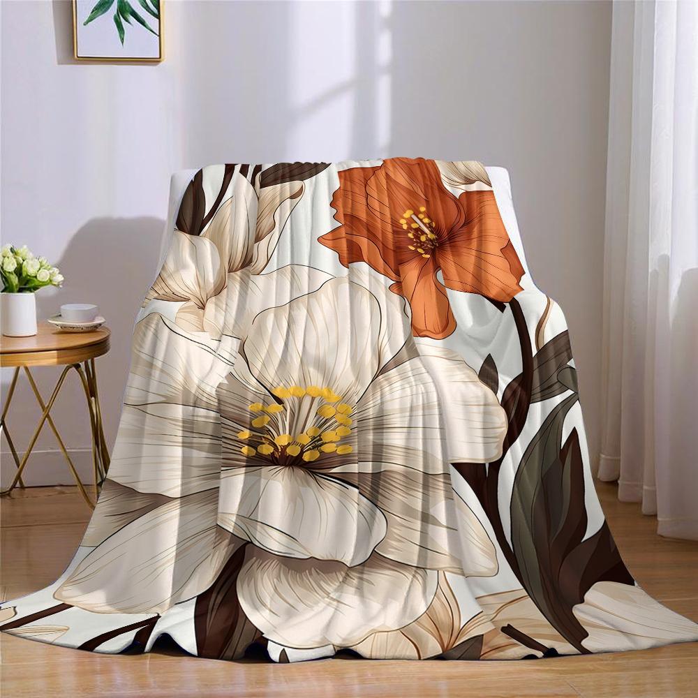 Cream & Rust Bloom Flannel Blanket Warm Soft Halloween Christmas Couch Warm Cozy Decorative Decor Gift for All Season