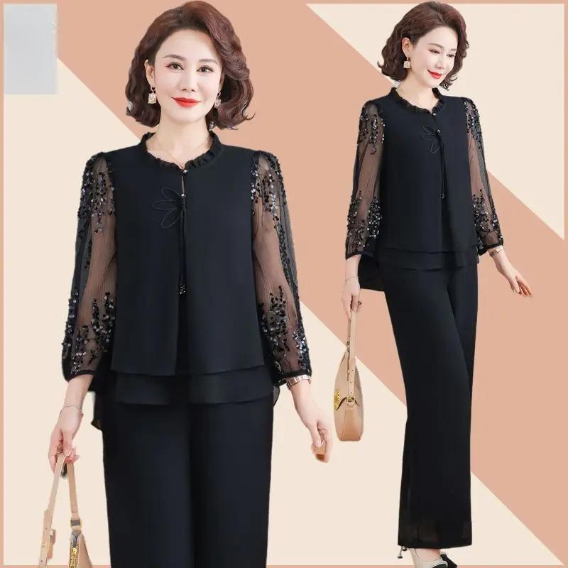 Set de ținută de primăvară pentru mamă, Top elegant pentru tineri, Set de vară din două piese pentru femei de vârstă mijlocie și în vârstă