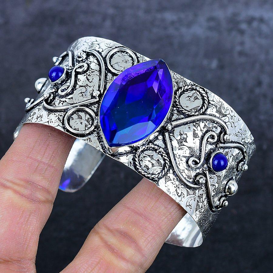 Bi-Color Tourmaline Gemstone 925 Sterling Silver Cuff Bangle Adjustable