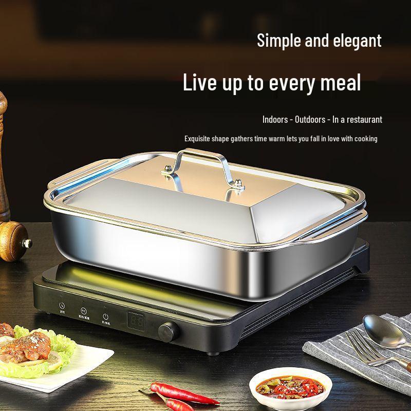 Rectangular Stainless Steel Deep Dish Grilled Fish Pan with Lid for Induction Cooktops - Ideal for Crayfish and Barbecue.