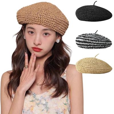 Boho Handmade Summer Straw Beret Thin Breathable French Crochet Beret Hollow Flat Design Beach Weave Beret Holiday Wear