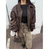 Fashion Patchwork Lapel Long Sleeve Coats Vintage Red Zipper Leather Jacket for Women Autumn Winter Female Casual Outerwear