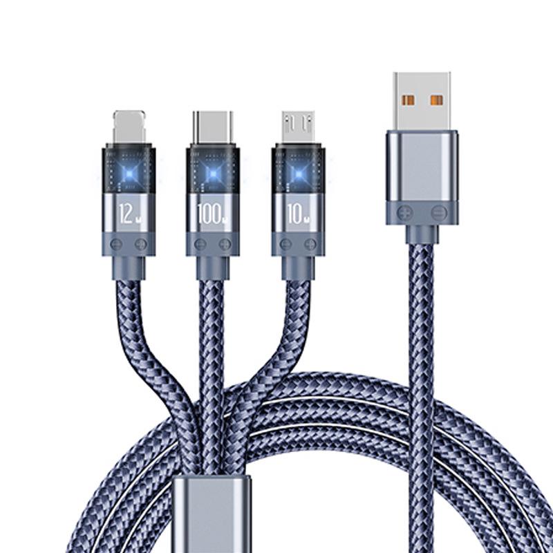 66W Type-C 3-in-1 Luminous Charging Cable, 3A Transparent Shell, Fast Charge