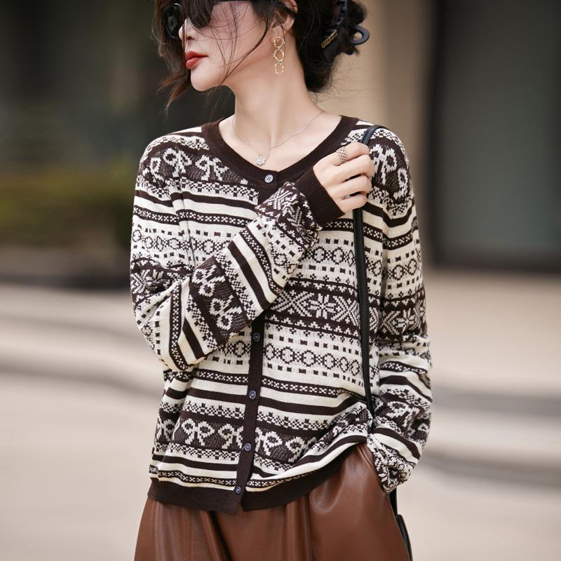 

Women s Plus Size Long Sleeve Knit Cardigan with Round Neck Medium кофейный