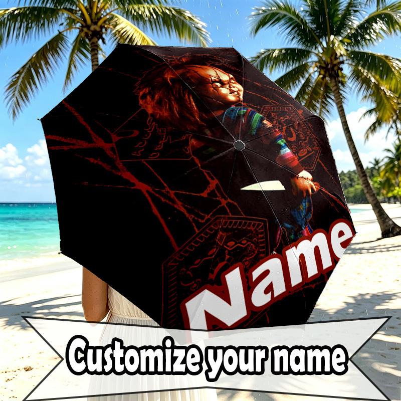 Custom Name Personalized Bride of Chucky Print Umbrella, Auto Open Close, 8‑Rib Sturdy Frame, Commute Camping Hiking Use, Birthday Gift