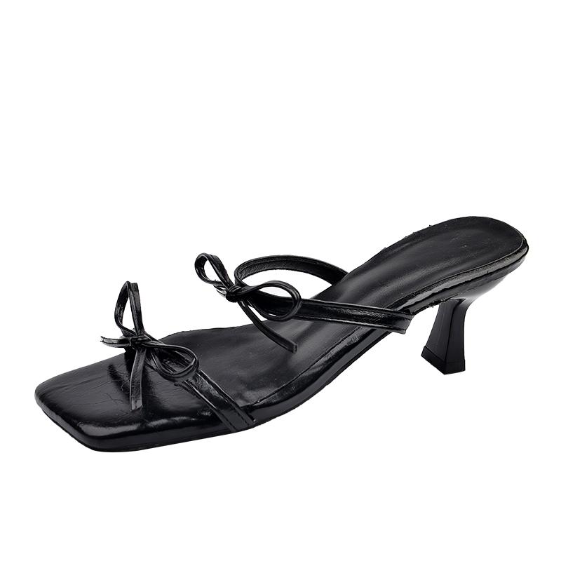 Elegante Schleife High Heels Sandalen Damen Eckige Zehenpartie Design Dünne Absätze Pantoletten Frau Mode Slip-On Partyschuhe Weiblich