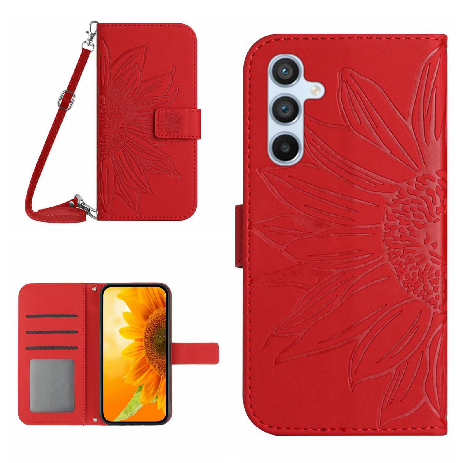 

HT04 For Samsung Galaxy S24 FE Case Sunflower Leather Flip Phone Cover with Shoulder Strap Red