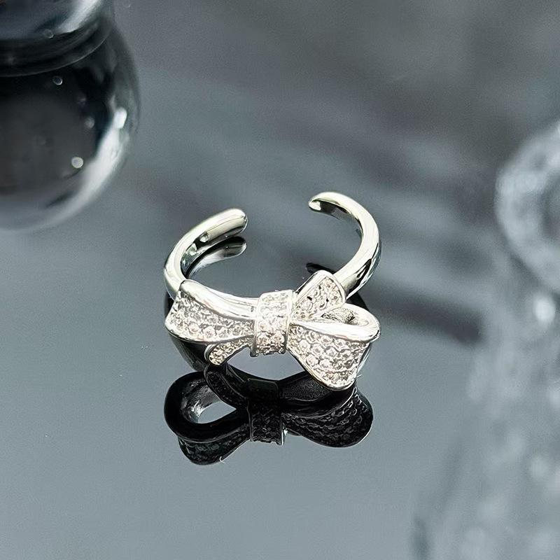 Sweet And Cool Style Bow Full Of Diamonds, Zircon Ring, Open Finger, Women'S Fashion Index Finger Ring, Stacked With Niche Rings