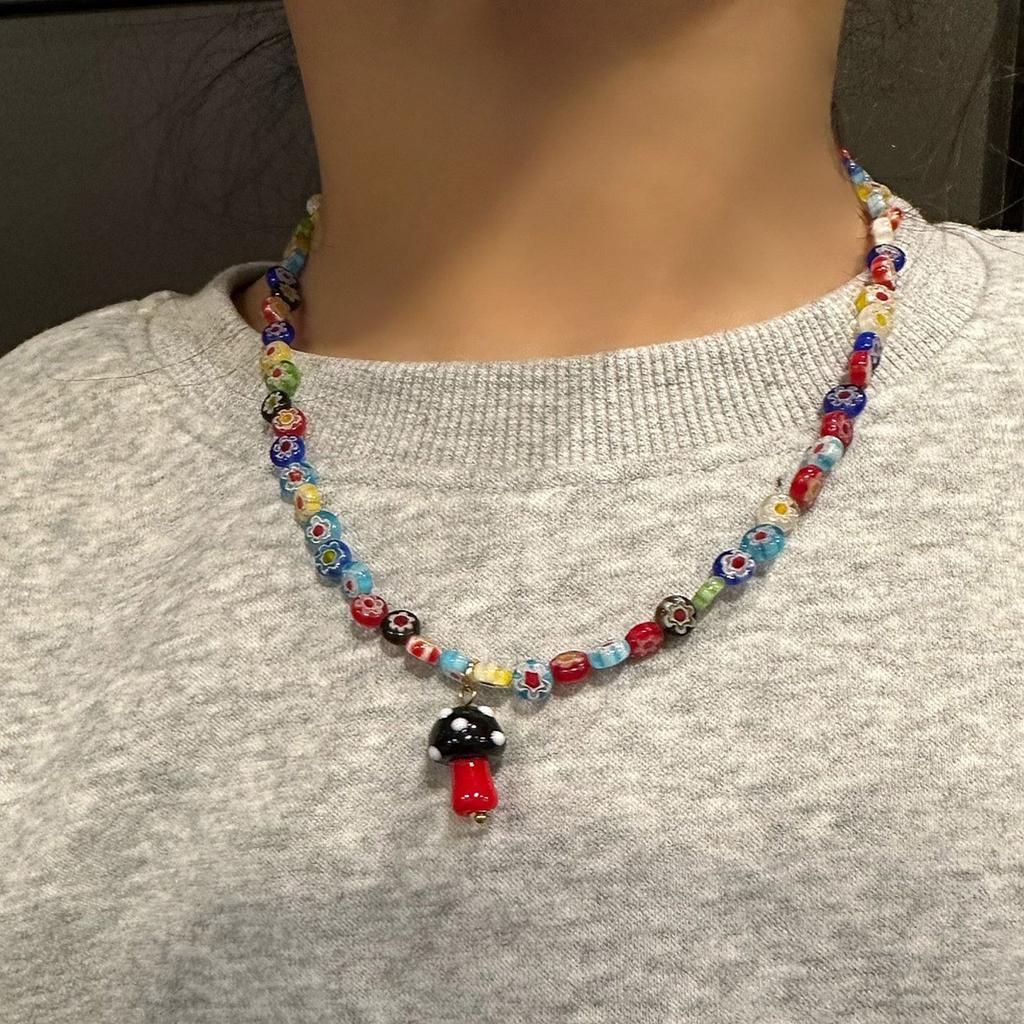 Colorful Glass Bead Necklace Featuring Mushroom Pendant and Floral Designs Decoration for Trendy Women Outfits