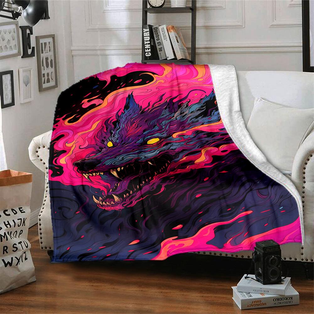 1pc Wolf Flames Blanket, Lightweight Flannel Throw Blanket For Sofa, Bed, Travel, Camping, Living Room, Office, Couch, Chair, And Bed