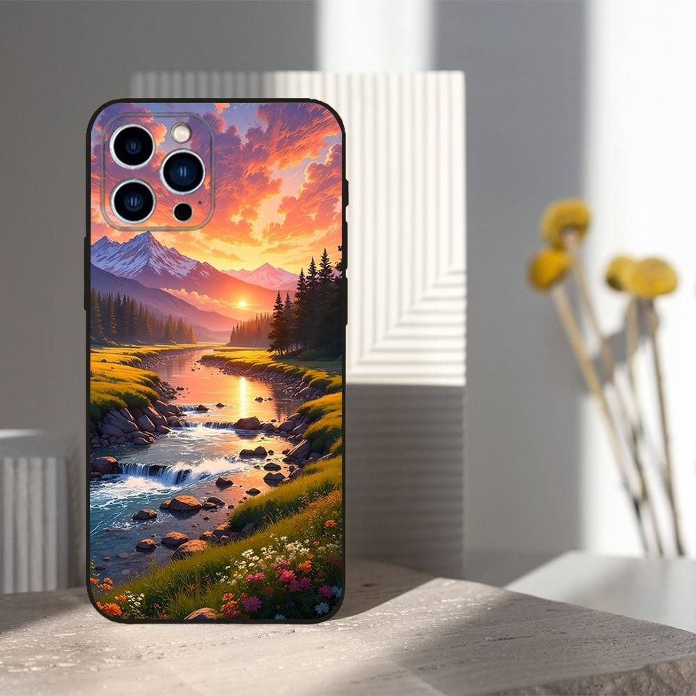 Painting Art River Case For iPhone 12,14,15,16,17,13,11,X,Mini,Plus,Pro Max,8,7,XR,SE,XS,Soft Silicone Black