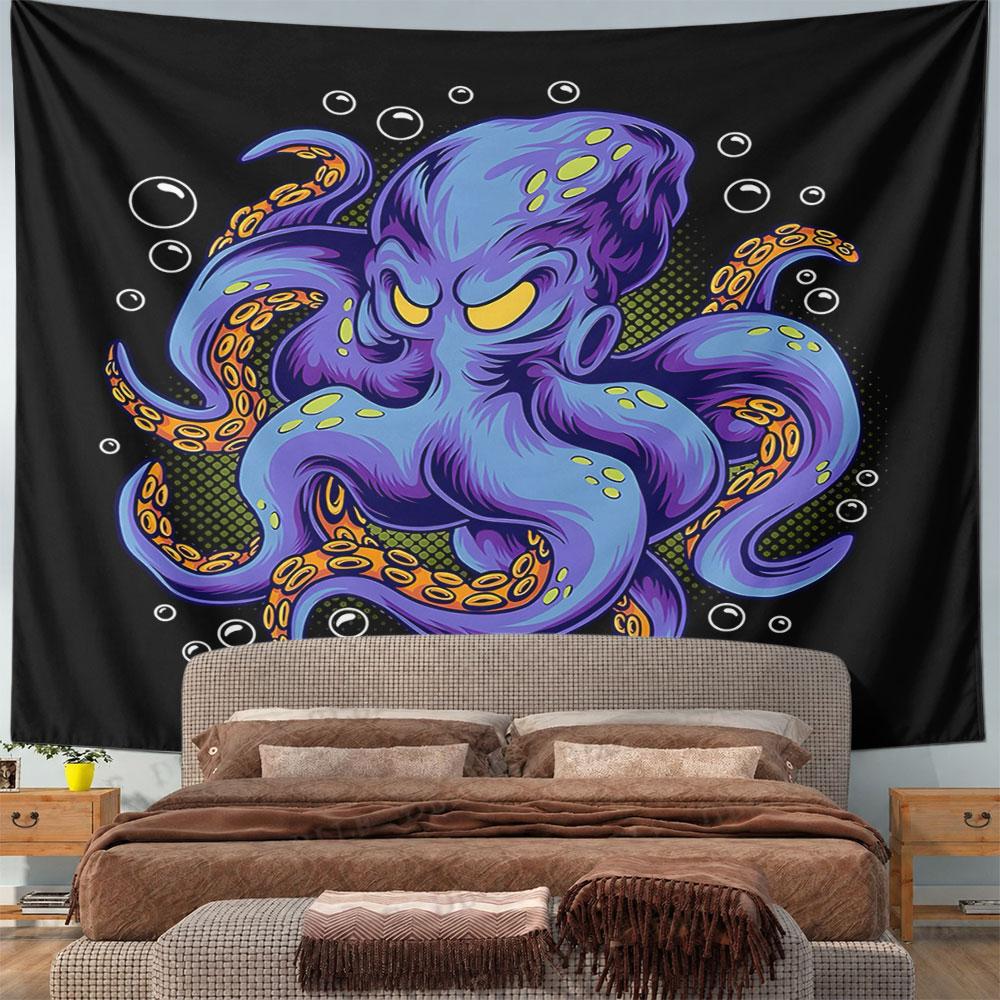 Colorful Angry Octopus with Bubbles Design Pattern Wall Hanging Tapestry Decorative Tapestry Home Decor for Bedroom and Living Room