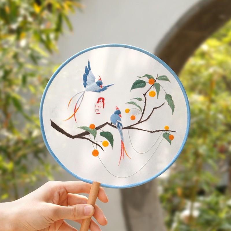 Embroidery Fan Set, Handmade DIY Material Kit, Ancient Style Hanfu Long-Handled Round Fan, Palace Fan, Cute Cartoon Fan